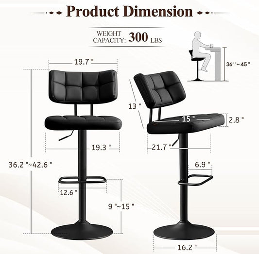 Furniliving Modern Bar Stools Set of 2 Faux Leather, Upholstered Swivel Barstools with Back, Adjustable Bar Chairs Counter Height for Kitchen Island, Dining Space, Black