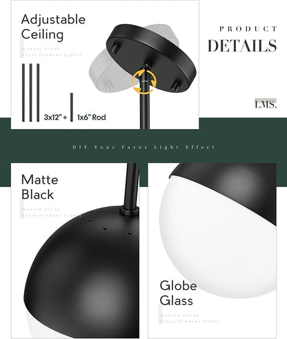 LMS 2 Pack Mid Century Pendant Lights, Matte Black Kitchen Island Light Fixtures with White Globe Glass Shade, Adjustable Hanging Rod Ceiling Light for Home Office Dining Room Bathroom, LMS-186BK2PK