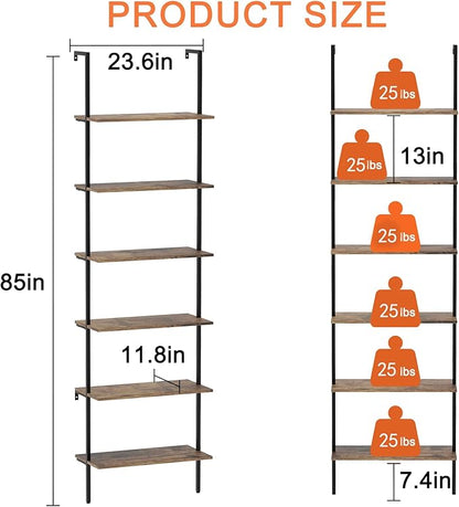 Bookcase Rustic Brown 6 Tiers Modern Bookshelf Room Organizer Open Tall Wall Mount Bookcase Standing Leaning Wall Shelves Industrial Decorative Living Room Bed Room (Rustic Brown)