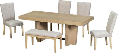 Ball & Cast 6 Piece Farmhouse Dining Table Set with Extendable Table,4 Upholstered Chairs & 1 Bench,Wooden Kitchen Table Set of 6,Backrest Chair with Table & Upholstery-Bench,for Dining Room,Natural