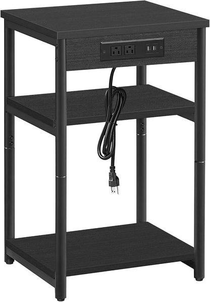 TUTOTAK End Table with Charging Station, Nightstand, 3-Tier Couch Side Table with USB Ports and Outlets, Bedside Table for Small Space, Living Room TB01BK026