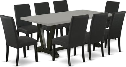 East West Furniture V697DR124-9 9 Piece Dining Table Set Includes a Rectangle Dining Room Table with V-Legs and 8 Black Color Linen Fabric Upholstered Chairs, 40x72 Inch, Multi-Color