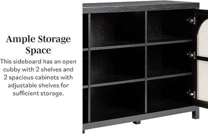 Walker Edison Sasha 2-Door Sideboard Buffet with Arched Rattan Panels, 58 Inch, Black