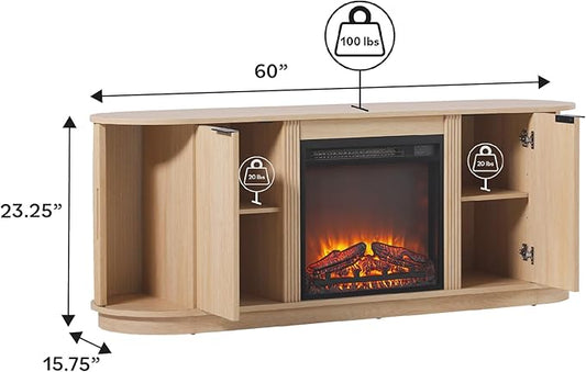Walker Edison Chloe Reeded TV Stand with Fireplace Insert, 65 Inch, 60 inch, Coastal Oak
