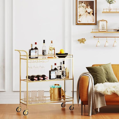 Gold Bar Cart, Home Bar Serving Cart with Handle, Wine Cart with 3-Tier Glass Shelves, Beverage Cart with Wine Rack and Glass Holder, Bar Carts for The Home, Dining Room, Living Room