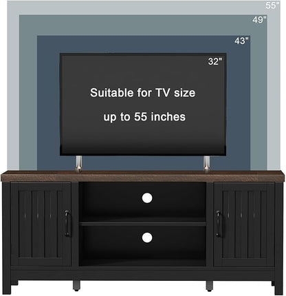 ChooChoo Farmhouse TV Stand for Televisions up to 55 inches, Entertainment Center Console Table Media Furniture with Storage Cabinets and Open Shelves, Fluted Door, for Living Room Bedroom, Black