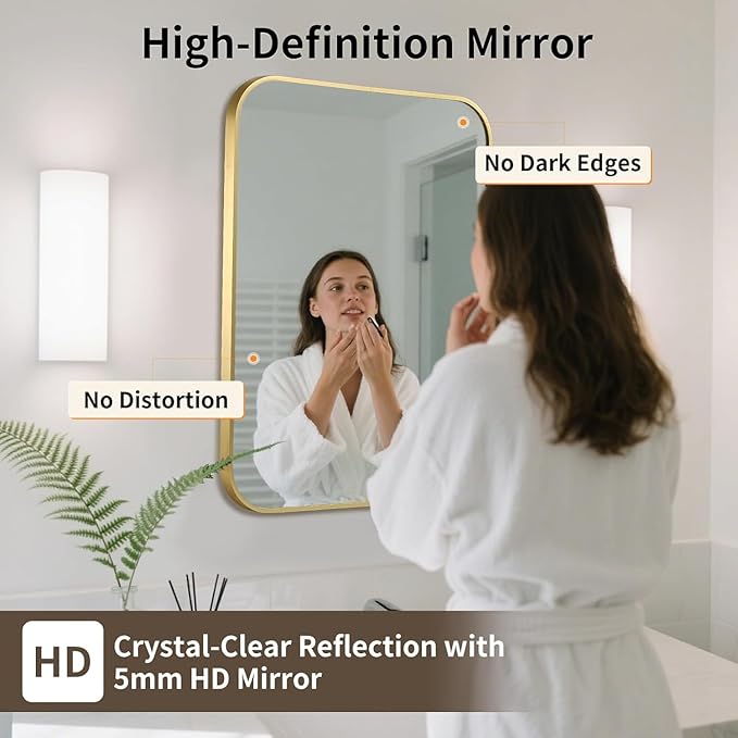 Gold Bathroom Mirror, 24x36 Inch Aluminum Frame Rectangle Mirror, Anti-Rust, Tempered Glass, Wall Mirror for Over Sink, Vanity, Bedroom, Entryway, Horizontal/Vertical
