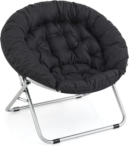 MoNiBloom Round Folding Saucer Chair for Bedroom Living Room Dorm Foldable Metal Frame Comfy Soft Lounge Lazy Cozy Moon Chair for Teens (Black)