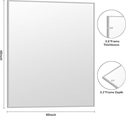KOCUUY Silver Bathroom Mirror, 40"x48" Large Rectangular Mirror with Metal Frame, Brushed Nickel Vanity Mirror with Modern Design for Bathroom, Living Room, Entryway, Hang Horizontal/Vertical