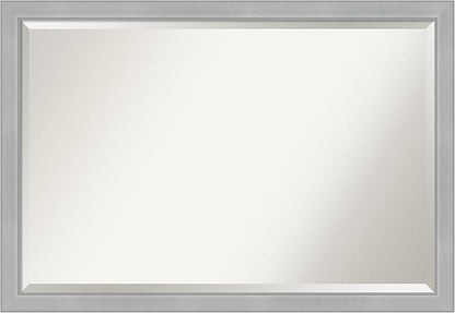 Amanti Art Silver Bathroom Mirror for Over Sink, 27x39 Vista Brushed Nickel Narrow Rectangle Vanity Mirror, Large Casual Frame, Hangs Horizonally and Vertically, Bathroom Wall Decor, Beveled Edge