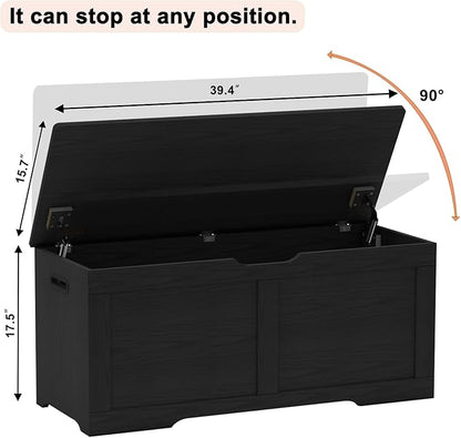 39.4" Storage Chest, Wooden Storage Bench, Lift Top Toy Chest with 2 Safety Hinges, Large Toy Box, Entryway Bench for Living Room, Bedroom, Black
