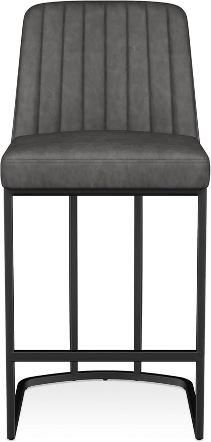 Counter Height Bar Stools Set of 2, Upholstered Leather Barrel Barstools with Back and Metal Legs for Kitchen Island, 27.4" Seat Height, Fabric in Faux Leather, Rustic Grey