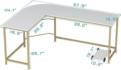 Teraves Reversible L Shaped Desk White - 57.9" Corner Gaming Computer Desk, Office Workstation Modern Home Study Writing Wooden Table