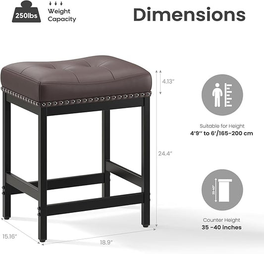 MALOL Set of 4 Saddle Bar Stools Counter Height 24.4”, Backless Barstools for Kitchen Island, Modern PU Leather Cushioned Seat, Bar Chairs for Kitchen Counter, Breakfast Bar Stools for Home,Brown