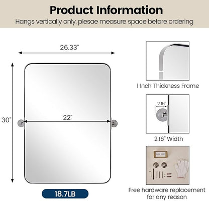 MOON MIRROR Polished Chrome Pivot Mirror for Bathroom, Tilt Bathroom Vanity Rounded Rectangle, Overall 26.33 x 30 in (Mirror 22x 30 in)