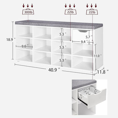 DINZI LVJ Shoe Bench, Entryway Storage Bench with Drawer and 11 Cubbies, Cubby Shoe Rack with Adjustable Shelves, Shoe Organizer Cabinet for Living Room, Bedroom, Mudroom, Closet and Garage, White