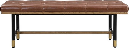 Modern Faux Leather Bench for Living Room and Bedroom, End of Bed Entryway Bench with Solid Metal Shelf, Padded Seat, Brown