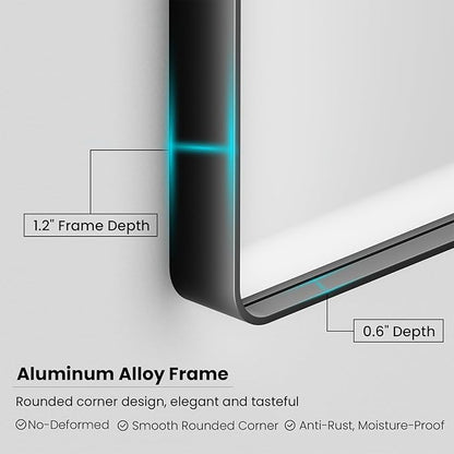 Black Bathroom Mirror 40X32 Inch, Black Metal Framed Mirror for Wall, Rounded Rectangle Matte Bathroom Vanity Mirror with Tempered Glass, Anti-Rust, Horizontal/Vertical