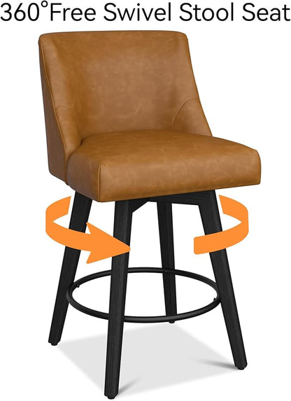 Counter Height Bar Stools Set of 8, Modern Swivel Barstools with Back and Wood Legs, Faux Leather Upholstered Bar Chairs, 26" H Kitchen Counter Stools, Kitchen Island Home Bar, Whisky Brown