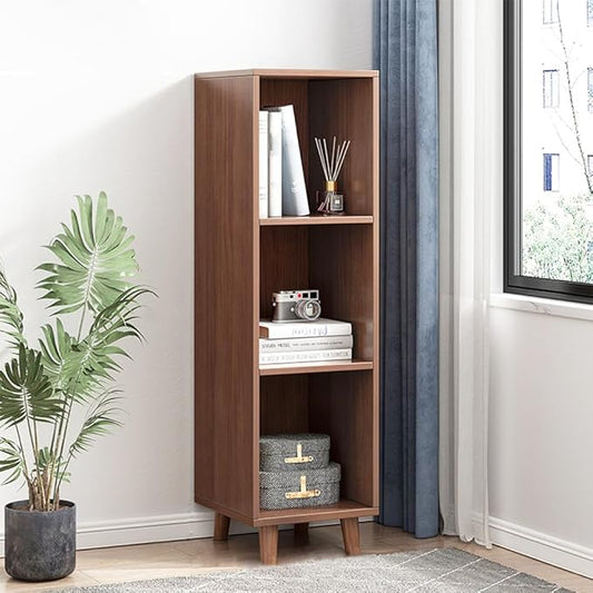 IOTXY Open Cube Low Bookcase - 3-Tier Freestanding Storage Display Cabinet Organizer with Legs for Home Office, 3-Cubes Open Shelf Short Bookshelf, Walnut