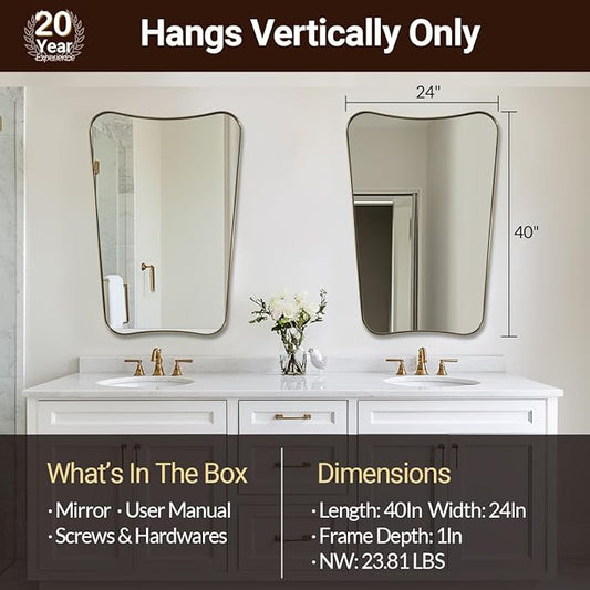 ANDY STAR 24x40 Inch Mirror, Brushed Gold Bathroom Mirror for Over Sink, Large Decorative Wall Mirror with Stainless Steel Frame, Anti-Rust, Italian Luxury Style Home Decor