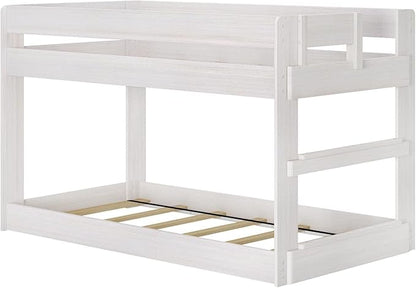 Max & Lily Modern Farmhouse Low Bunk Bed, Twin-Over-Twin Bed Frame For Kids, White Wash