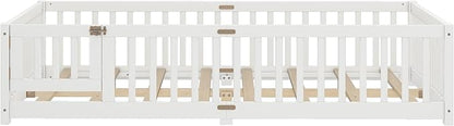 Queen Size Floor Bed Frame with Slats and Safety Guardrail, Wood Queen Size Montessori Floor Bed with Door and Fence, Easy Assemble Montessori Beds for Kids, Girls, Boys, White