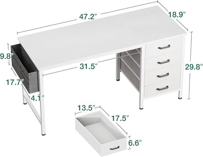 Casaottima 48-Inch Computer Desk with 4 Fabric Drawers — Home Office Desks with Storage, Writing Desk with Side Hook and Cloth Bag, Modern Study/Work Table for Bedroom and Small Space, White