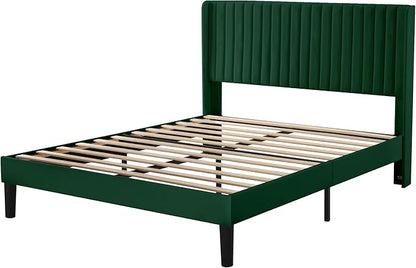 Allewie Full Size Bed Frame/Velvet Upholstered Platform Bed/Vertical Channel Tufted Wingback Headboard/Strong Wooden Slats/No Box Spring Needed/Easy Assembly/Green