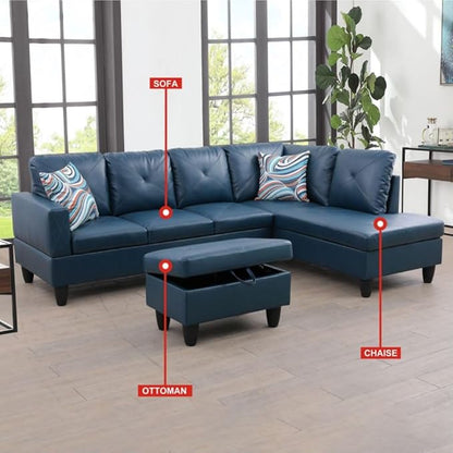 Deep Blue L-Shaped 3-Piece Faux Leather Sofa with Storage Ottoman Set, Sectional Couch Sofa Set for Living Room, Office, Small Space