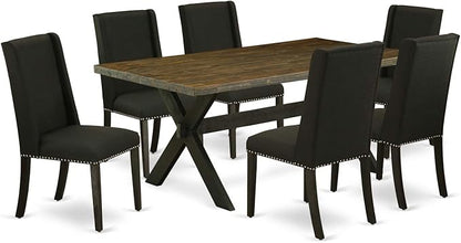 East West Furniture X677FL624-7 7 Piece Modern Dining Table Set Consist of a Rectangle Wooden Table with X-Legs and 6 Black Linen Fabric Parson Dining Chairs, 40x72 Inch, Multi-Color