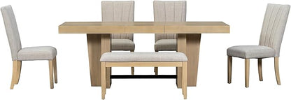 Ball & Cast 6 Piece Farmhouse Dining Table Set with Extendable Table,4 Upholstered Chairs & 1 Bench,Wooden Kitchen Table Set of 6,Backrest Chair with Table & Upholstery-Bench,for Dining Room,Natural