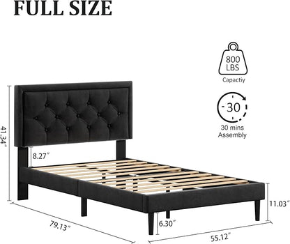 Full Size Platform Bed Frame with Upholstered Velvet Button Tufted Headboard, Mattress Foundation with Wooden Slat Support, No Box Spring Needed, Easy Assembly, Noise Free, Black