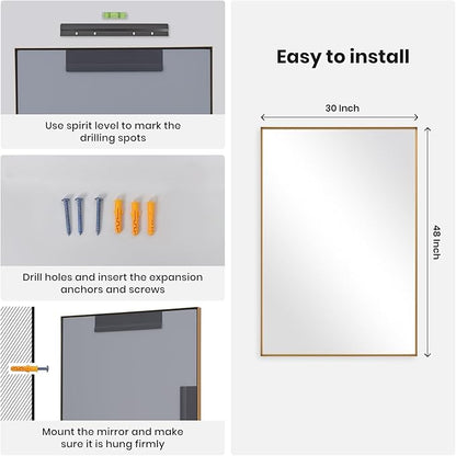 Melodieux Wall Vanity Bathroom Mirror for Over Sink, 30"x48" Rounded Rectangle Metal Deep Frame Wall Mounted Mirror Wall Decor for Living Room Hallway, Gold