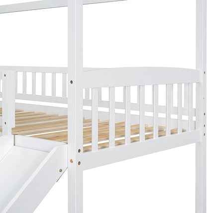 Ball & Cast Twin Over Twin Size House Bunk Bed with Slide and Storage Steps,Wood Bunkbed w/Full-Length Guard Rail & Ladder,Slat Support,Space Saving,Bedroom Furniture for Student Dorms,White