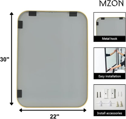 MZON 22x30 Inch Brushed Gold Vanity Mirror, Rectangle Bathroom Mirrors for Over Sink, Anti-Rust Frame & Tempered Glass, Hangs Horizontally/Vertically - Perfect for Farmhouse, Bedroom or Entryway Decor