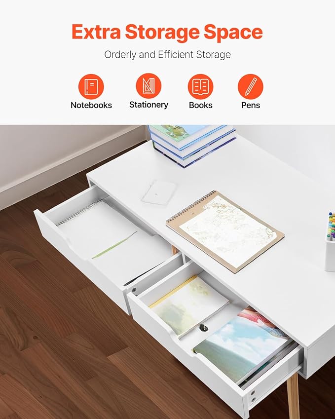 VEVOR Small Desk with Drawers, Kids Desk for Bedroom, Wooden Simple Study Table for Drawing, Reading, Writing, Rectangle MDF Furniture Study Storage Table for Home, Office, White + Wood