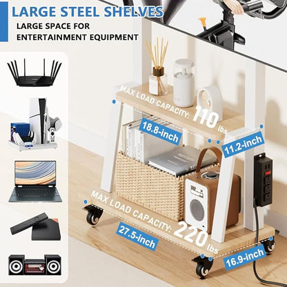 Mobile TV Stand with Power Outlet, Wood Shelf Portable TV Stand on Wheels for 32 to 55 65 70 75 inch Television, Height Adjustable White TV Cart, Holds up to 130LBS, Vesa 600×400mm.