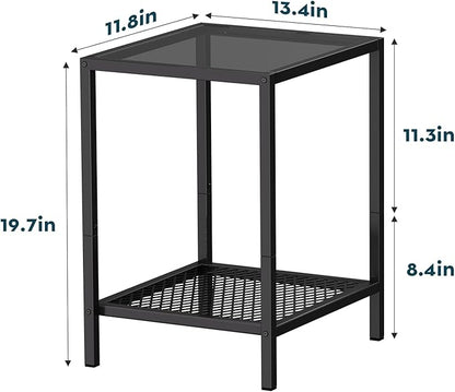 SAYGOER Black Side Table Small Glass End Table 2-Tier Narrow Square Bed Side Tables, 13.4"x11.8"x19.7", Sofa Small Leisure Table with Black Metal Frame for Modern Living Room Bedroom, BK Glass