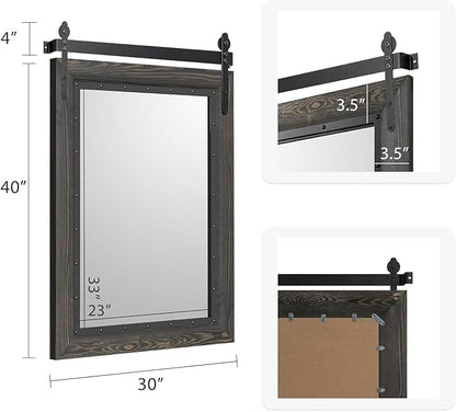 YOSHOOT Farmhouse Barn Door Mirror, 40"x30" Rustic Bathroom Mirror, Wood Frame Wall Mirror, Wooden Mirror for Living Room Bedroom Entryway Wall Décor, Vertical Hanging ONLY
