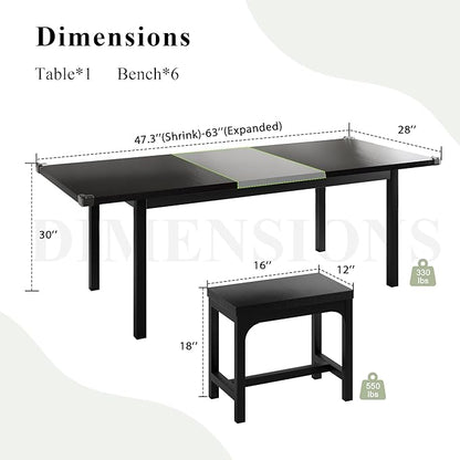 Feonase 7-Piece Dining Table Set for 4-8, 63" Large Extendable Kitchen Table Set with 6 Stools, Modern Dining Room Table with Heavy-Duty Frame, Easy Assembly, Black