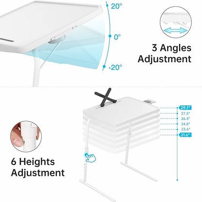 Allpop X TV Tray Table, TV Dinner Tray for Eating, Large Adjustable Folding Laptop Table with Book Stand, Cup Holder & Tablet Slot on Couch & Bed with 6 Heights & 3 Tilt Angles, White