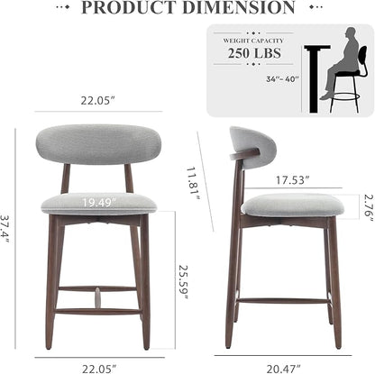 COLAMY Bar Stools Set of 6, Counter Height Bar Stools, Wood Bar Stools with Back, Upholstered Wooden Barstools for Island Dining Room Bar, Light Grey
