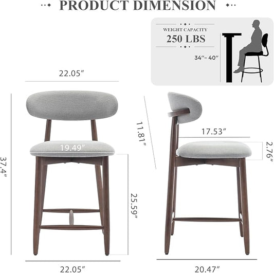 COLAMY Bar Stools Set of 2, Counter Height Bar Stools, Upholstered Counter Stools with Wood Legs for Kitchen Island Dining Room Bar, Light Grey