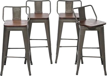 24 Inch Swivel Bar Stools Set of 4 with Backs Counter Height Industrial Metal Barstools Island Bar Chairs for Home Kitchen Dining Room (Swivel 24 inch,Rusty Wooden)