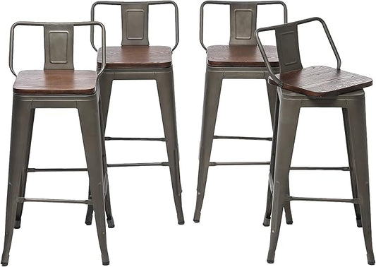 24 Inch Swivel Bar Stools Set of 4 with Backs Counter Height Industrial Metal Barstools Island Bar Chairs for Home Kitchen Dining Room (Swivel 24 inch,Rusty Wooden)
