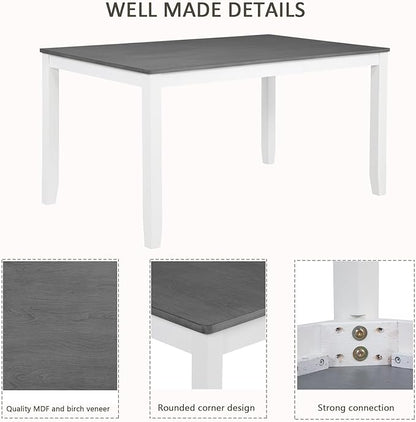 soges 6-Piece Kitchen Dining Table Set with Bench, Wood Dining Table Set for 6, Modern 6-Person Table Set for Dining Room, Kitchen, Grey & White
