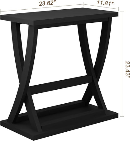 ChooChoo Black End Table, Narrow Side Table with Storage Shelf, Modern X-Design Slim End Table for Living Room,Bedroom, Small Space, 11.8" D*23.6" W*23.4" D