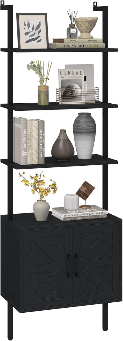 Yusong 73" Tall Bookshelf with Cabinet, Industrial Ladder Wall Mount Shelf Farmhouse Bookcase with Wood and Metal Frame, Plant Shelf Wall Storage Display for Living Room Bedroom, Farmhouse Black
