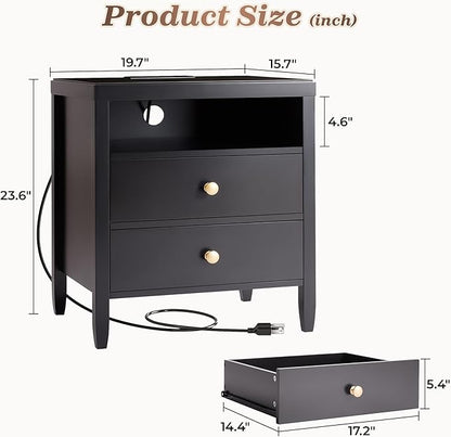 Huuger Nightstand with Charging Station, Black Nightstand with 2 Drawers, Bed Side Table for Bedroom, Bedside Table with Storage, Modern Nightstands, Metal Knobs, Painted Surface